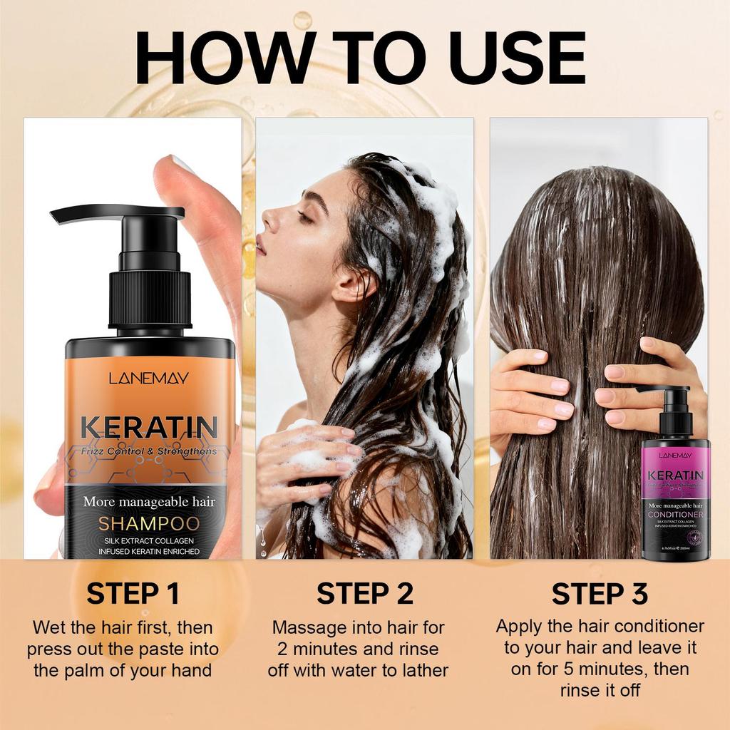 Keratin Shampoo & Conditioner Set-Moisture Scalp-Fizz Control & Strengthens Hair-Suitable For All Hair Types, 200ml+200ml