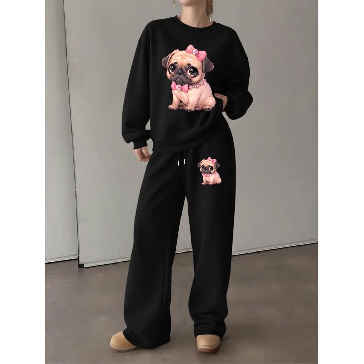 Women's Cartoon Dog Print Lounge Set: Crewneck Sweatshirt & Drawstring Straight Pants, Loose & Comfy 2-Piece Outfit