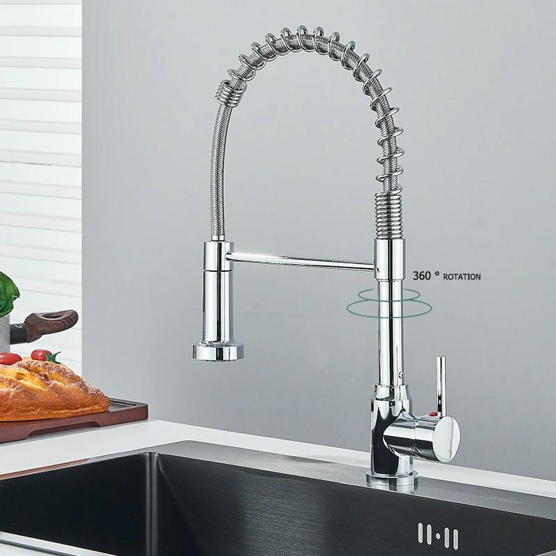 Chrome Spring Pull Down Kitchen Faucets Stream Spray Head Hot Cold Water Tap Stainless Steel Rotation Kitchen Mixer Tap Crane