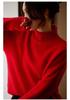 Women's Autumn Winter 100% Pure Wool High Neck Red Rolled Edge Sweater - Loose Fit, Lazy Style