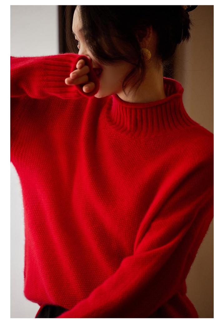 Women's Autumn Winter 100% Pure Wool High Neck Red Rolled Edge Sweater - Loose Fit, Lazy Style