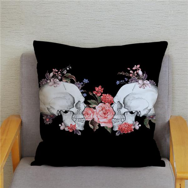 Skeleton Head Flower Print Pattern Cushion Cover for Home Living Room Sofa Decoration Square Pillowcase 45 * 45cm