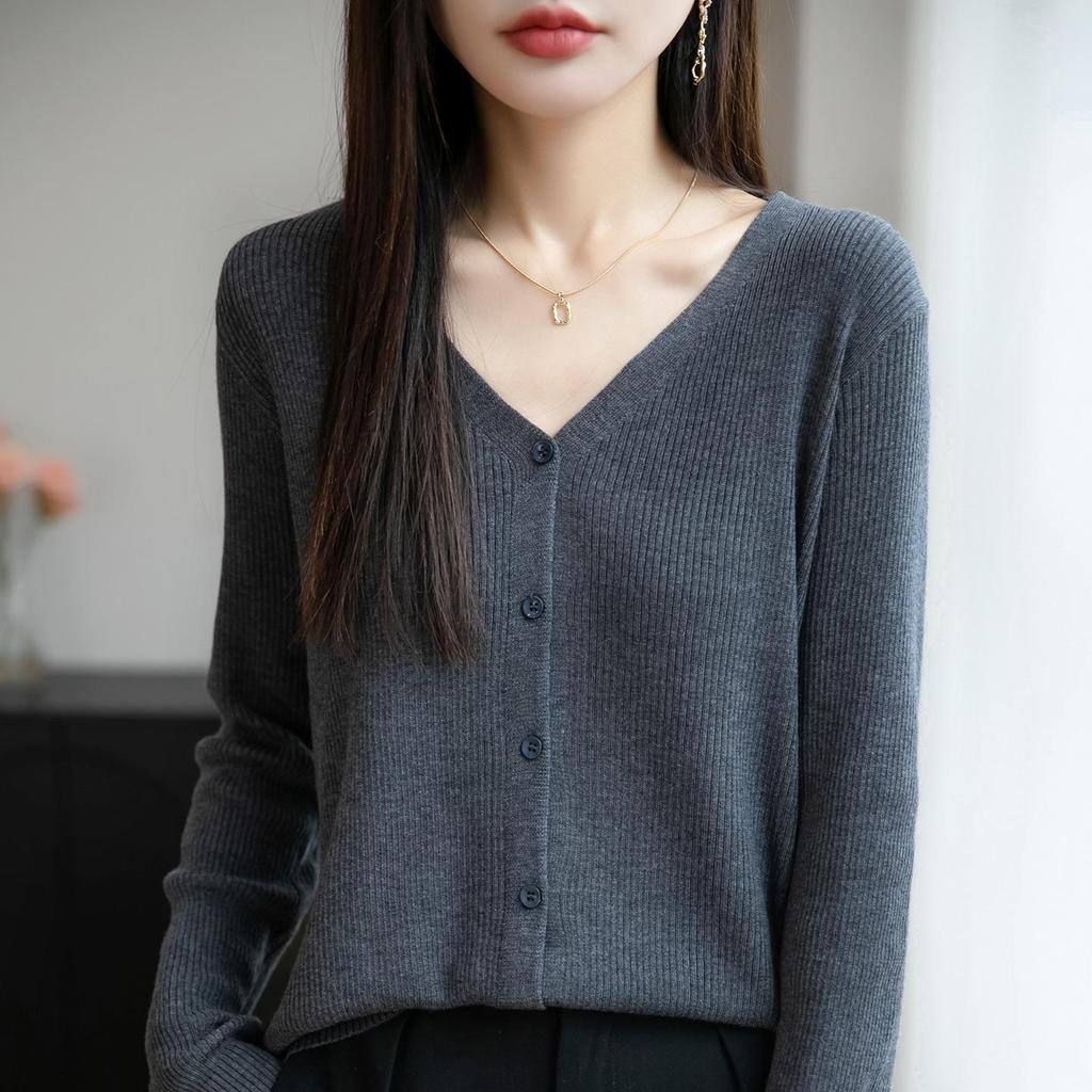 Versatile Fashion Wool V-Neck Ribbed Cardigan Sweater, Long Sleeve Top