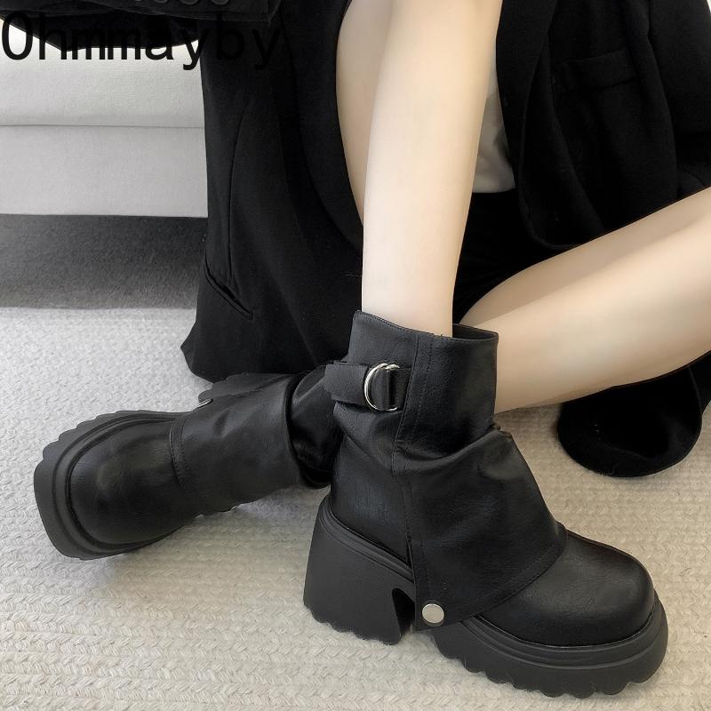 Autumn Winter Belt Buckle Women Knight Boots Fashion Slip On Shoes Vintage Platform Thick Heels Ladies Short Booties