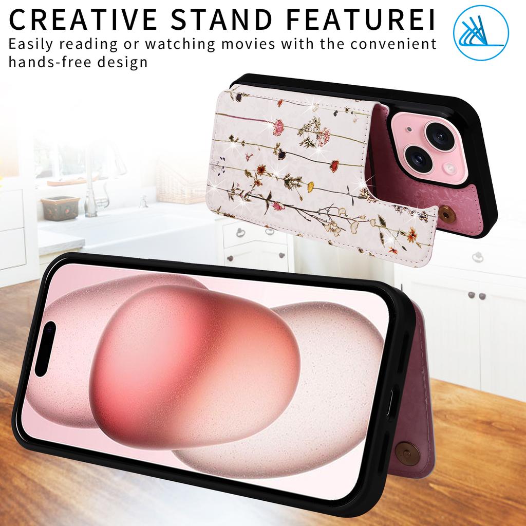 Für iPhone 15 Kartenfachhülle Ständer Sturzsicher Blumenmuster Handyhülle