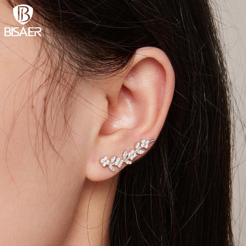 Bisaer Authentic 925 Sterling Silver Flower and Leaves Vine Stud Earrings for Women Original Design Trendy Fine Jewelry Gift
