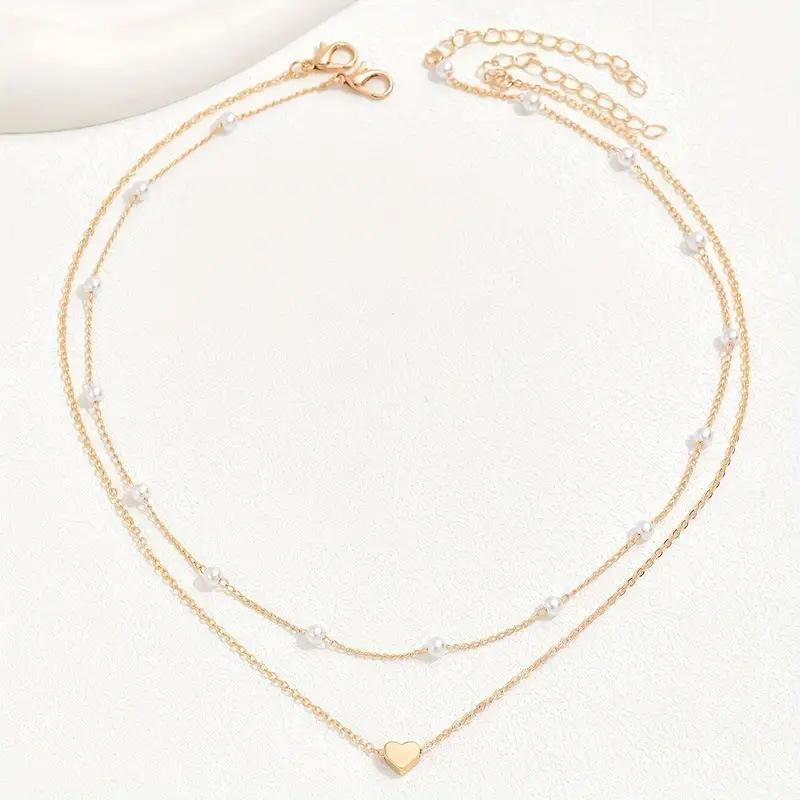 1pcs Imitation Pearl Heart Pendant Necklace, Retro Double-Layer Layered Design, Women'S Versatile Temperament Collarbone Chain