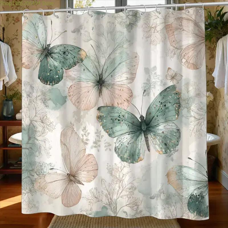 1pc Bathroom Shower Curtain, Butterfly Garden Visit Experience, Anniversary Shower Curtain, with 12 Hooks, 180*180Cm Bathroom