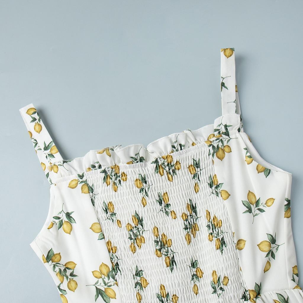 Women's Summer Lemon Floral Print Spaghetti Strap Midi Dress Tie Front Low Cut High Waist Side Slit Elegant Vacation Party Dress