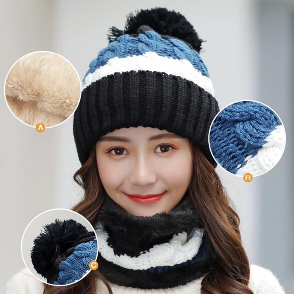 Women Winter Knitted Hat Scarf Set Fleece Lined Beanie Earflap with Pompom Thick Thermal Hat Neck Warmer for Outdoor