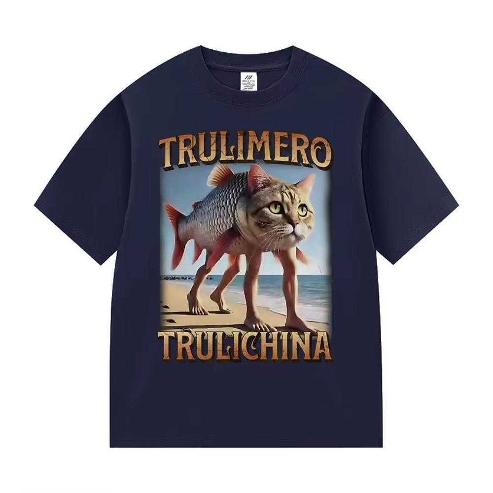 Trulimero Trulichina Funny Cat Fish Meme T Shirts Men Women Summer High Quality Cotton T-shirts Retro Oversized Short Sleeve Tee