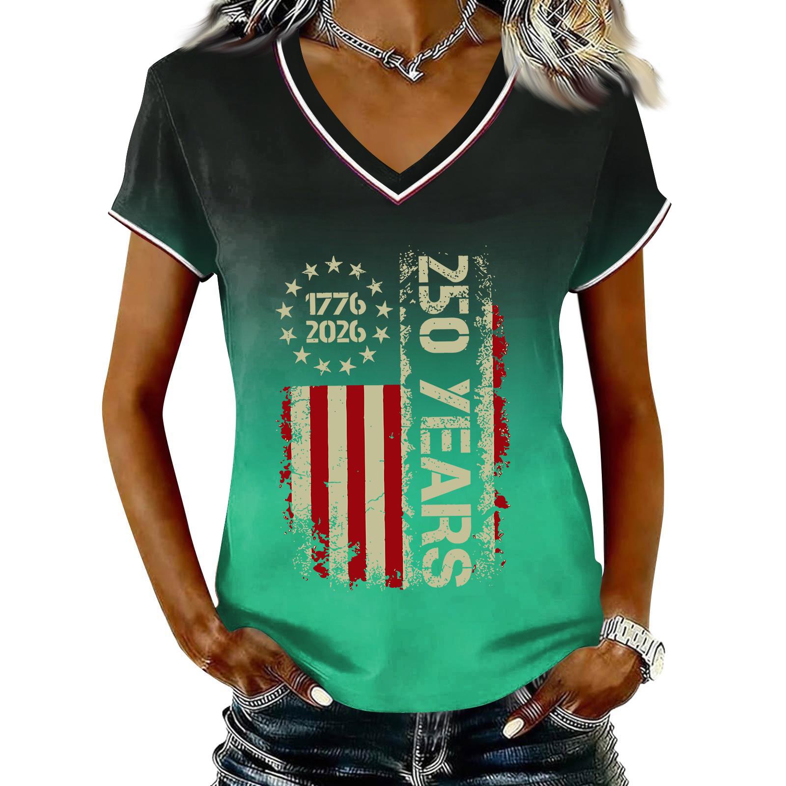 

Womens Casual V Neck Short Sleeve Pullover T Shirt Gradient Print Independence Day Graphic Top Lightweight Comfortable Fit S зелёный