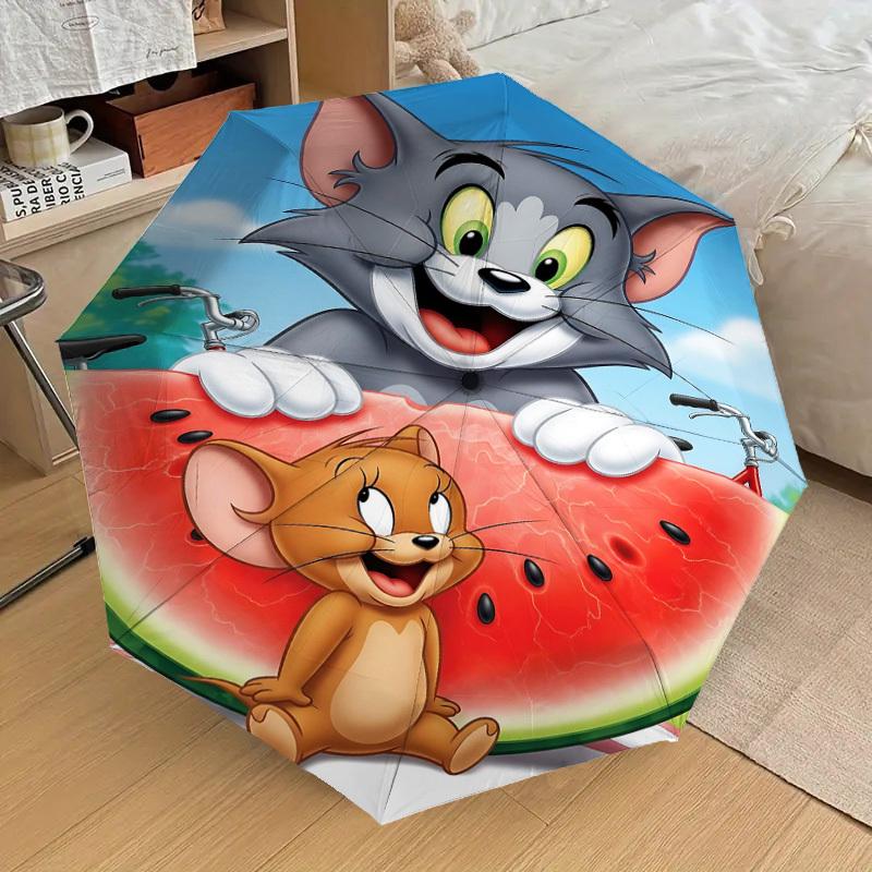 1pc Tom and Jerry Watermelon Automatic Open/Close Umbrella Compact Folding Umbrella with 8-Rib Shaft Lightweight Esign, for Women/Men1165A
