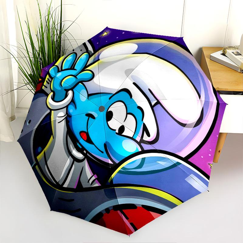 Three Blue Smurfs Folding Umbrella 8 Paraphenoid Bones Travel Three Folds Travel Umbrella Sun Umbrella