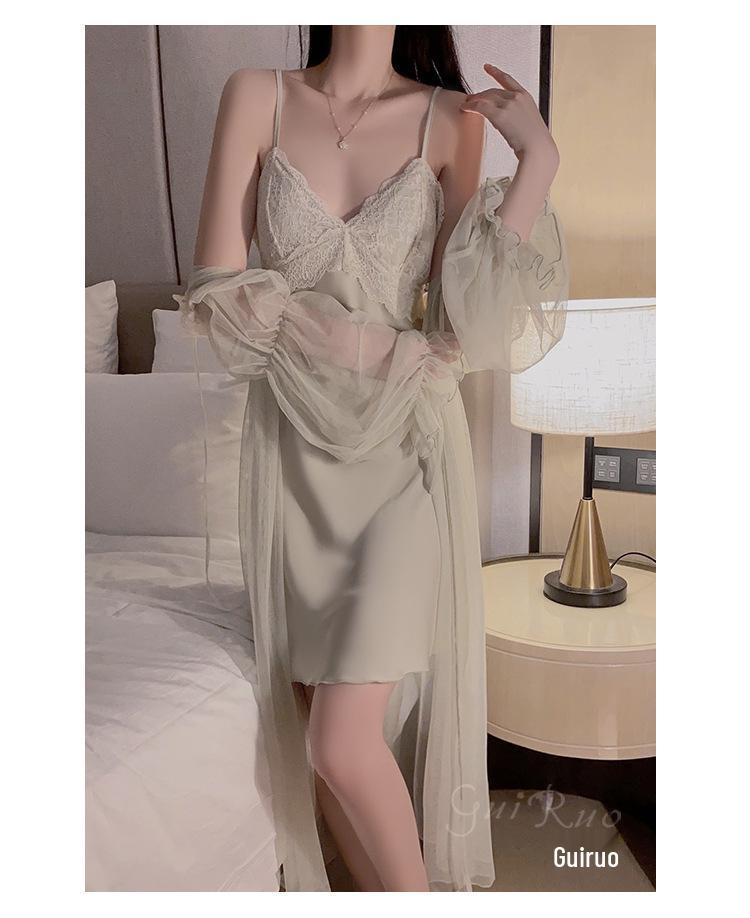 Elegant Lace Backless Plus Size Nightgown with Push-Up Bra and Camisole Set