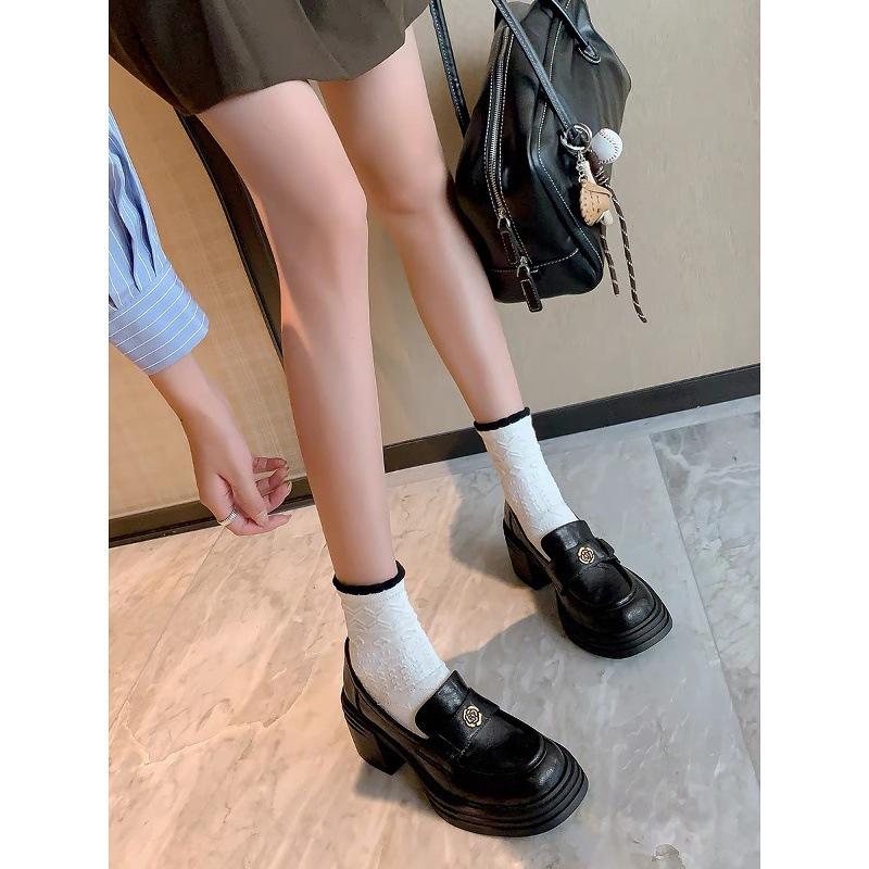 Cowhide version Camellia thick heel heightened platform loafers round head medium heel single shoes women's high heel small leather shoes British s