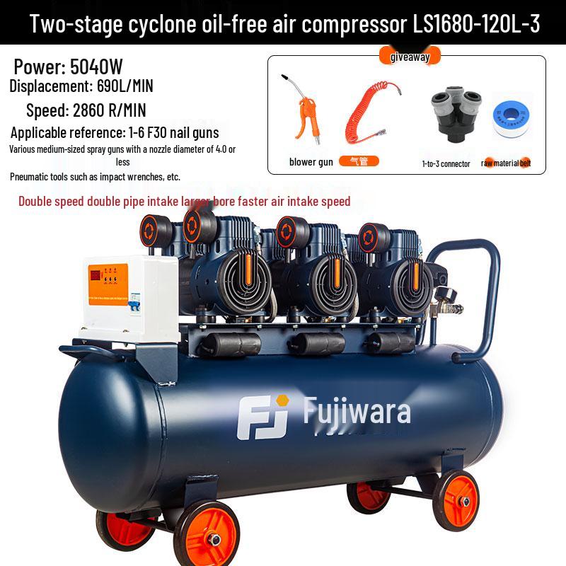 Silent Oil-Free Air Compressor for Woodworking and Auto Repair with High Displacement and Large Pressure Gauge.