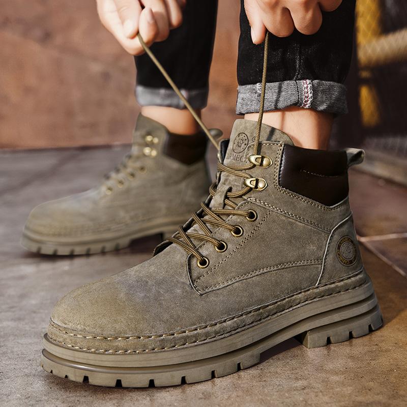 

Outdoor Leather Mens Slip on Boots Platform Shoes Luxury Brand Men Winter Snow Boots All-match Men Motocross Boots 38 хаки