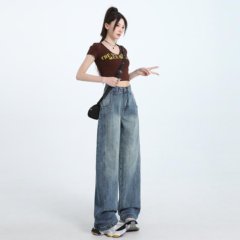 Women's Autumn Retro High-Waisted Washed Wide-Leg Jeans