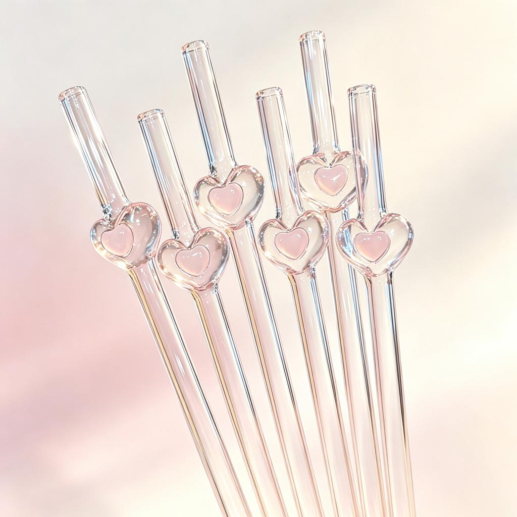 3pcs Heart Shape Glass Straw Set with Brush Reusable Glass Straw Suitable for Milkshakes Juices Coffee Kitchen Bar Accessories