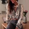 Women Shirt Ruffle Trim Neckline Long Sleeve Imitation Pearl Buttons Shirt Tops Spring Summer