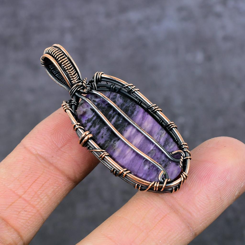 Russian Charoite Gemstone Copper Wire Wrap Jewelry Pendant 2.05" a8e82