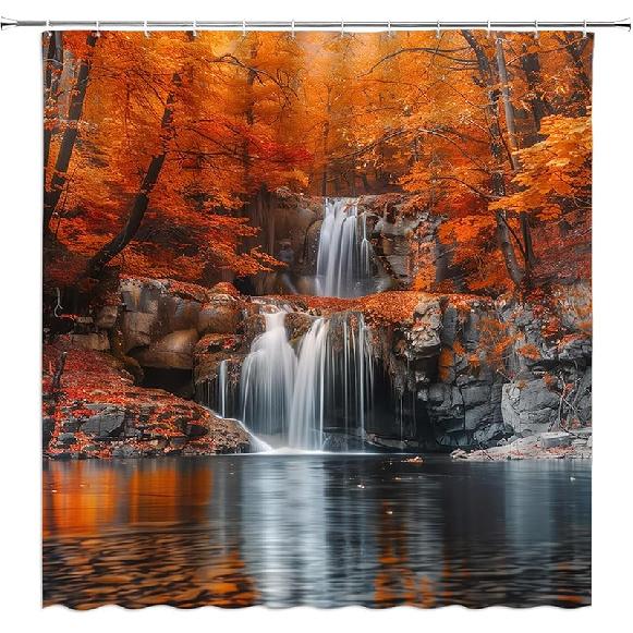 GCTNBJL Waterfall Shower Curtain Fall Forest Tree Jungle Waterfall Autumn Nature Scenery Landscape 70x70(WxH) Inches Bathroom Decor Fabric Curtain