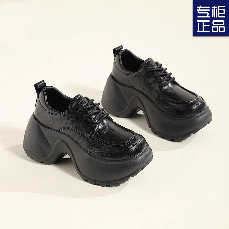 Sponge Cake Platform Women's New Summer Small Man Height Increase Black British Commuter Small Leather Shoes