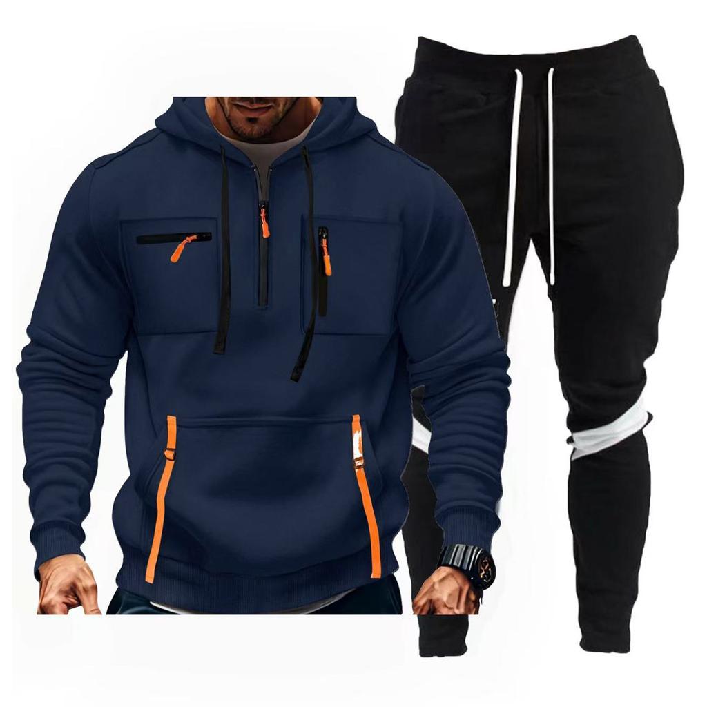 Men'S Hoodie Multi Pocket Hooded Long Sleeved Casual Sports Two-Piece Set