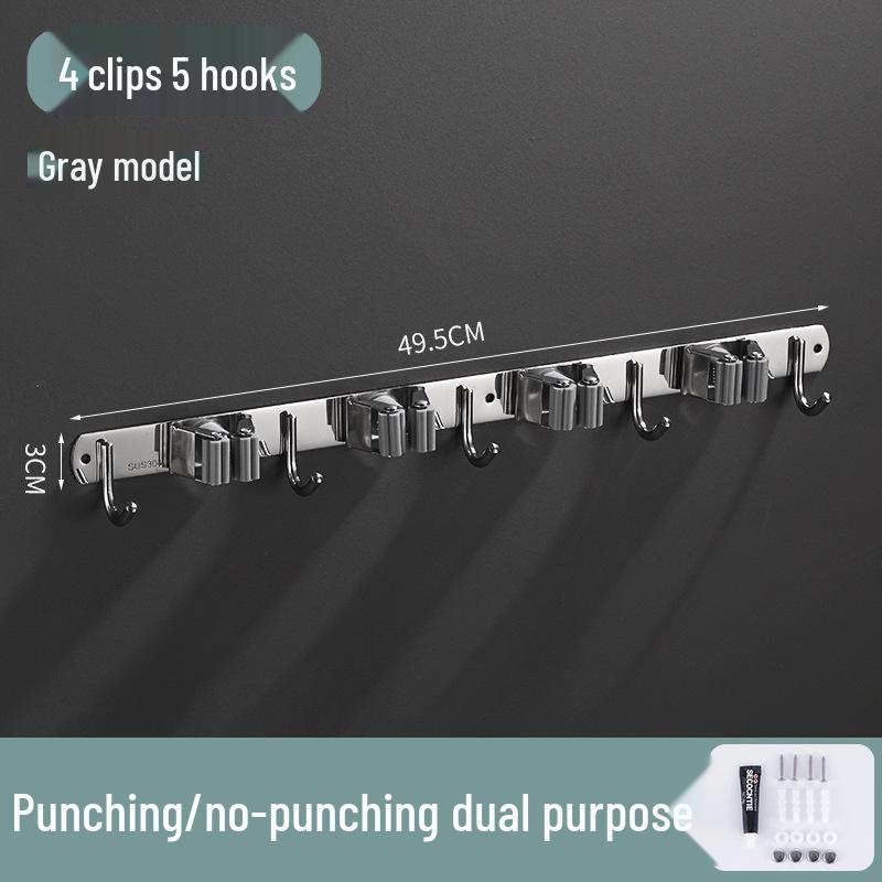 Stainless Steel Punch-Free Mop Holder with Black & Green Clips for Bathroom or Balcony Storage