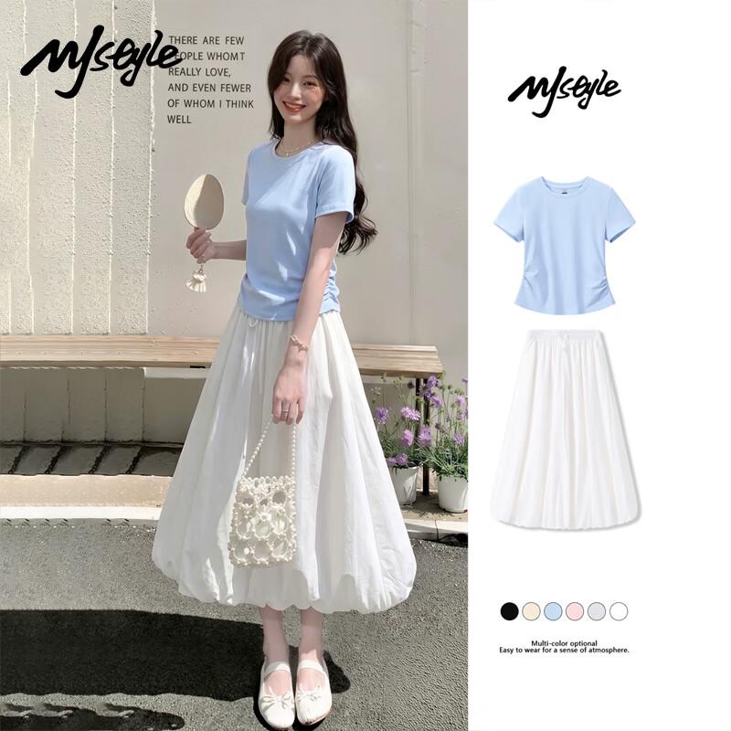 MJ STYLE Pleated T-Shirt & Skirt Two-Piece Set M