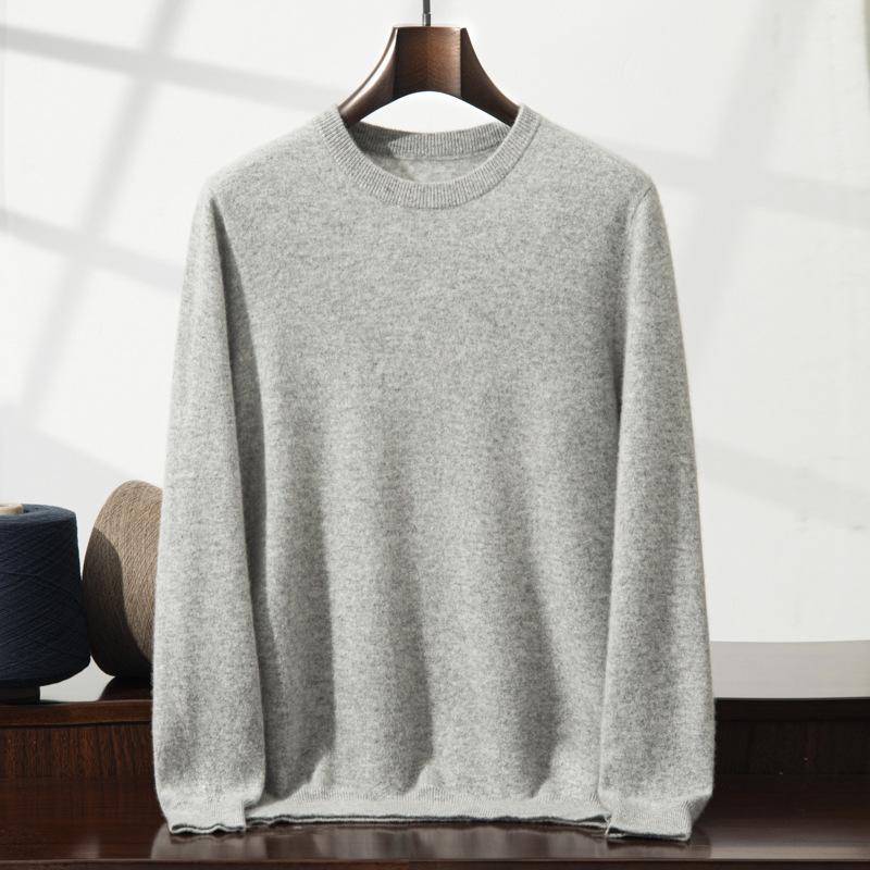 2025 new cashmere shirt men's round neck solid color pullover sweater with knitting inside