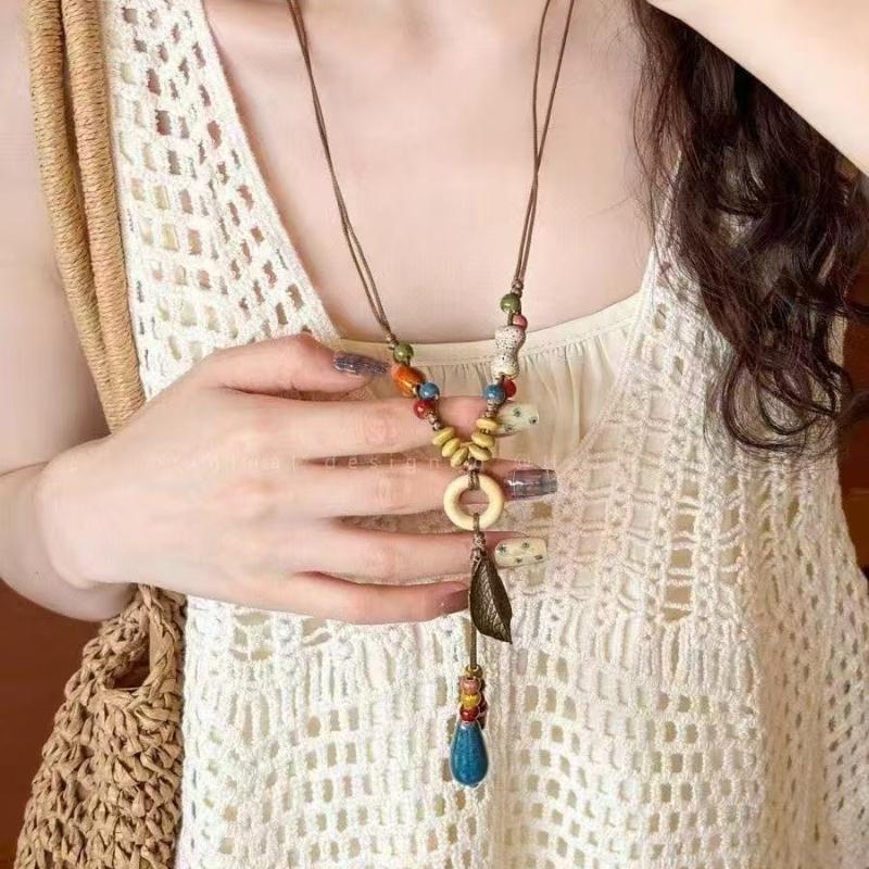Chinese Style Ceramic Bead Pendant Necklace For Women Round Leaf Long Sweater Chain Necklace Aesthetic Jewelry Gift