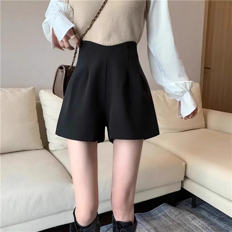 Women's High Waist Woolen Shorts: Autumn & Winter Slimming Casual Wide-Leg Pants In Black
