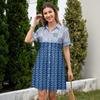 Women's Casual Loose Fit Shirt Dress Button Front Short Sleeve Collar Dress with Floral Print and Border Pattern Suitable for Daily Wear