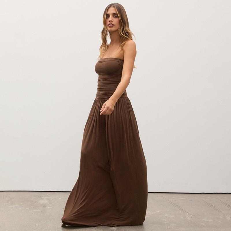 Abito Maxi Donna Senza Spalline a Tubo Vita Arricciata Colore Unico Svasato Lunghezza Pavimento Estivo Casual Vacanza al Mare Abito Lungo
