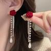 1 Paar Roos Kwastje Hangende Oorbellen voor Vrouwen, Kunstparel Strass Franje Stud Oorbellen, Hypoallergeen Lichtgewicht Drop Oorbellen