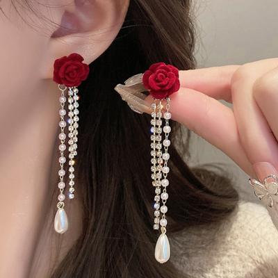 1 Pair Rose Tassel Dangle Earrings for Women, Faux Pearl Rhinestone Fringe Stud Earrings, Hypoallergenic Lightweight Drop Earrings