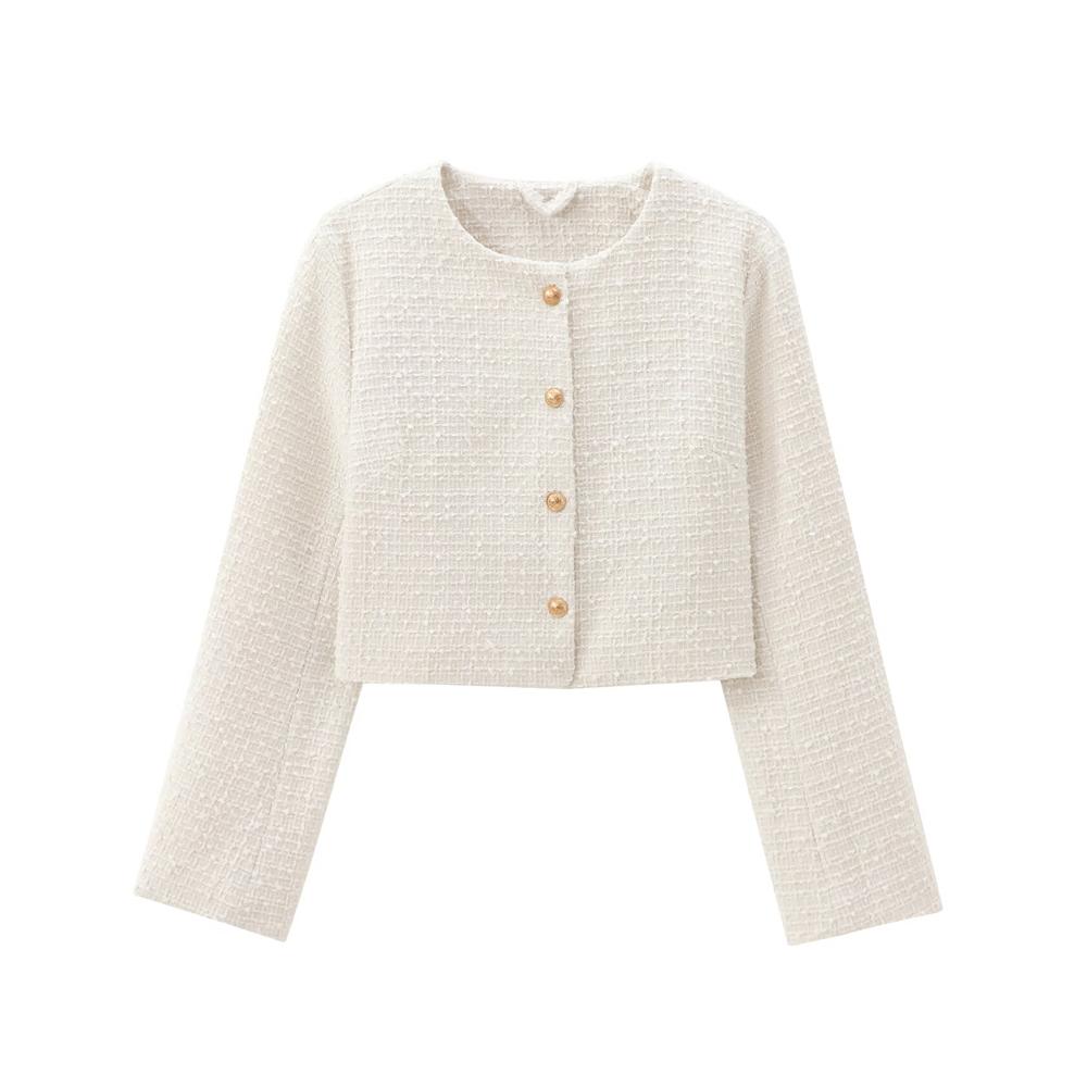 Women's Tweed Crop Jacket with Golden Buttons O Neck Long Sleeve Coat Female Outerwear
