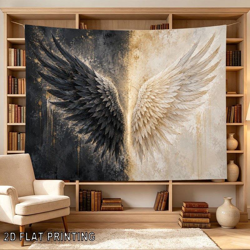 2D Flat - 2D Flat - 1pc 2D Flat Tapestry of Dual Wings Spread Symmetrically, Contrasting Dark And Light Feathers Against Textured Golden And Cream Bac