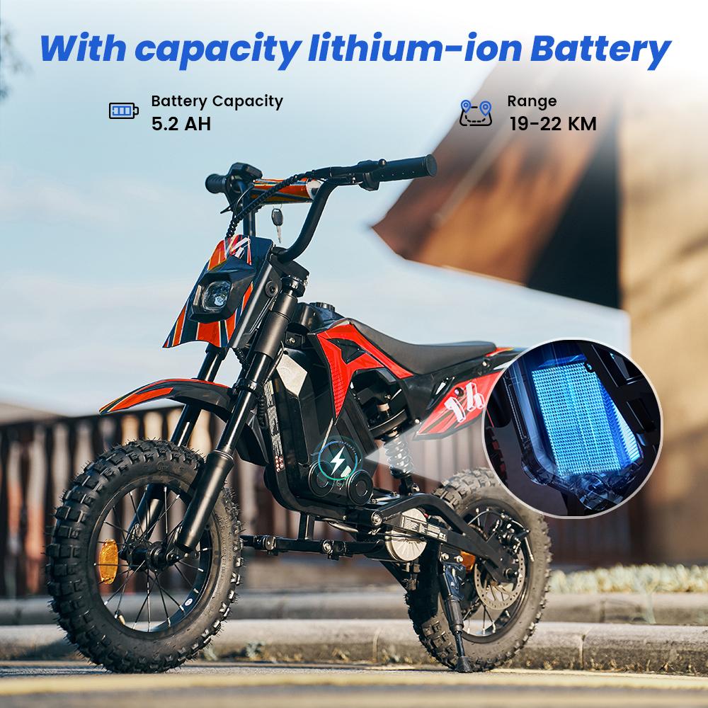 A14 Dětská ELEKTRICKÁ DIRT BIKE 14 palců 500W Motor 36V5.2Ah Baterie Dojezd 20-22 km Tlumení nárazů, Bluetooth LED světla