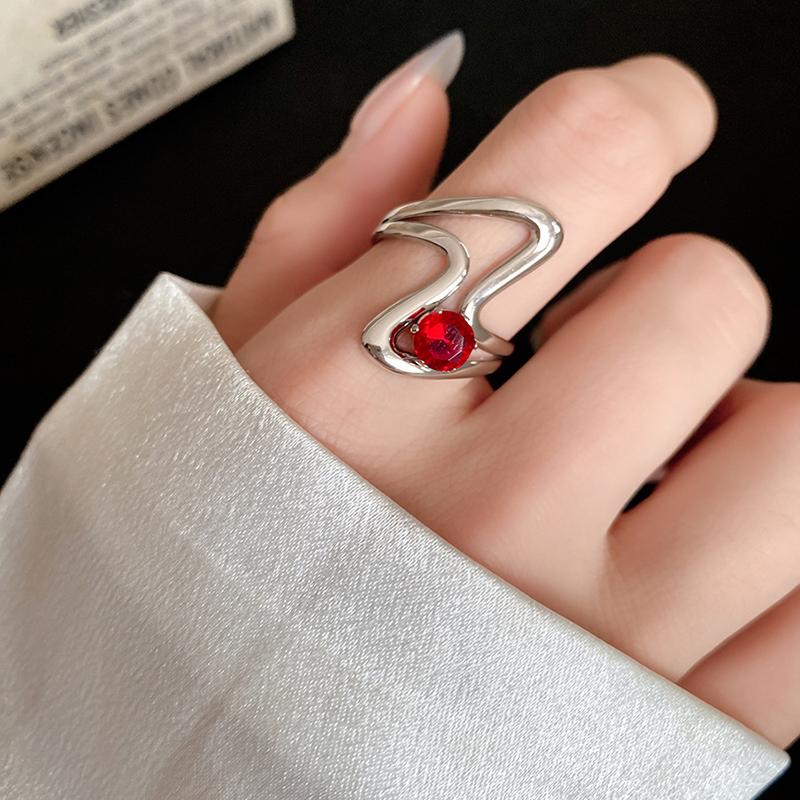Red Zircon Smooth Heart-Shaped Open Ring Simple  Finger Rings Jewelry For Women