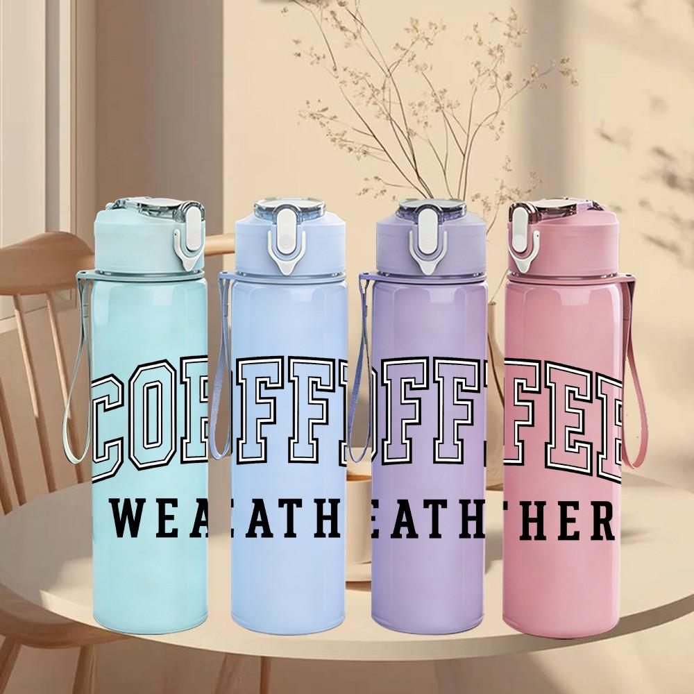 1PC Coffee Weather Bold Letter Print 750ml Color Plastic Sports Water Bottle Leakproof Flip Straw Lid Suitable for Sports Office Home Use