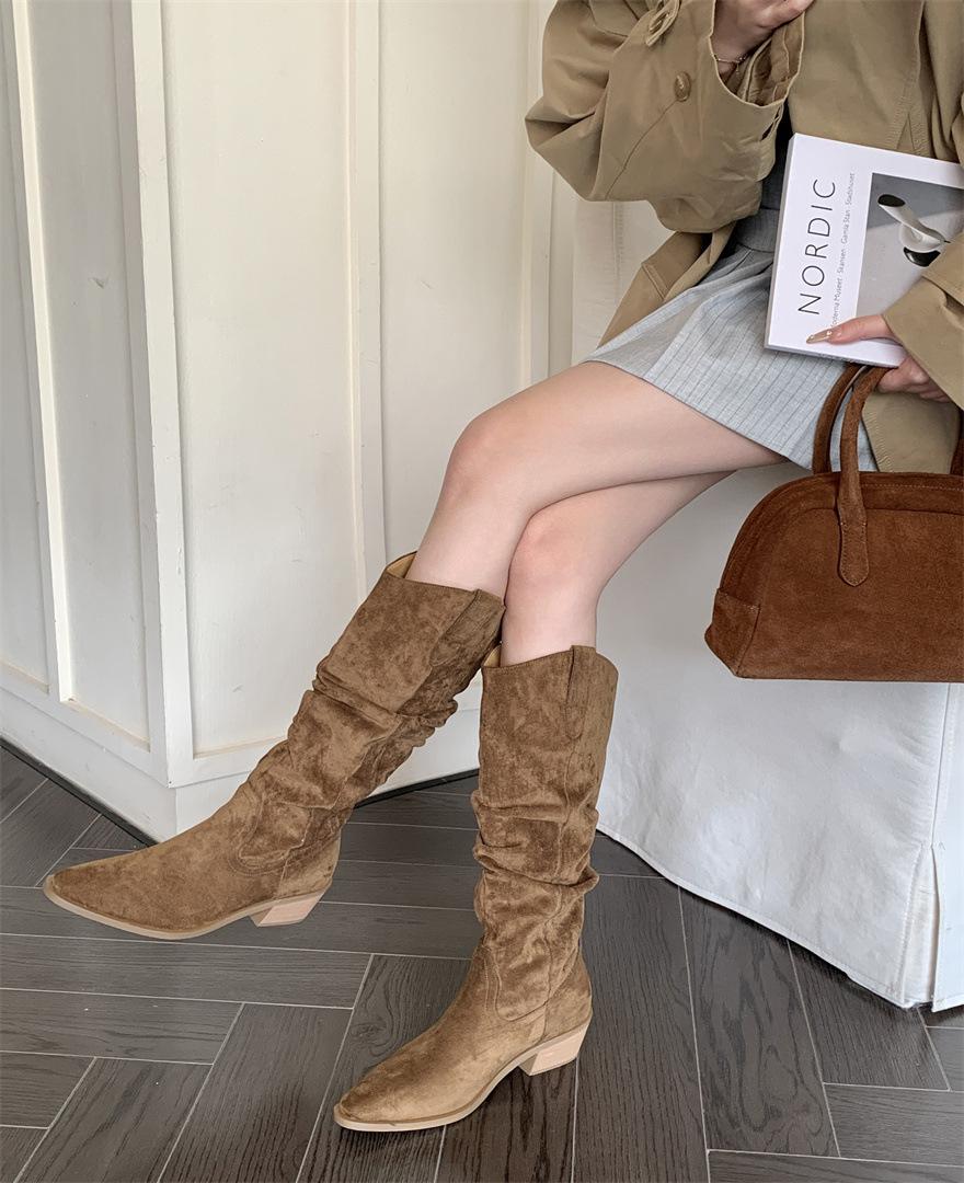 

Coarse heel pointed Martin boots women s autumn 2025 new fashion temperament pleated pile boots western short boots 39 верблюд