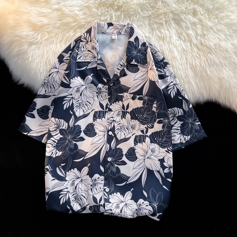 Unisex Vintage Kubakrage Blomsterskjorte - Løs passform, Hong Kong-stil, Kort erm, Perfekt for strand og par
