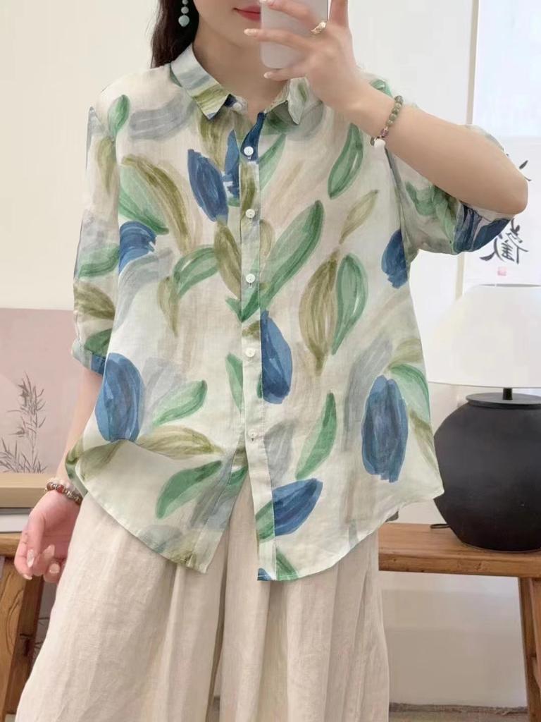 Johnature Women Vintage Print Floral Shirts Tops Turn-down Collar Seven Sleeve Blouses Summer Chinese Style Shirts