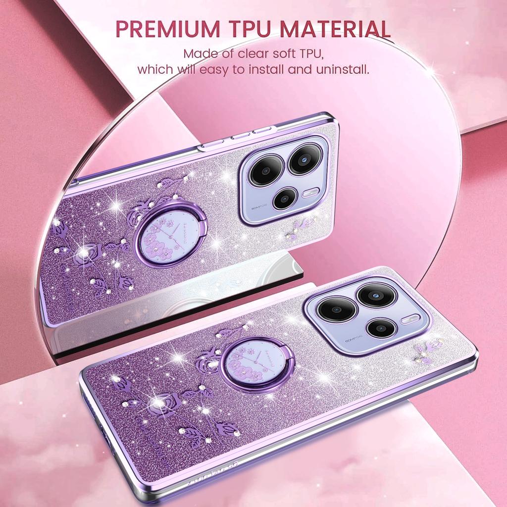 KADEM For Xiaomi Redmi Note 14 4G (164.84mm) Case Ring Kickstand TPU Flowers Phone Cover Gradient Glitter