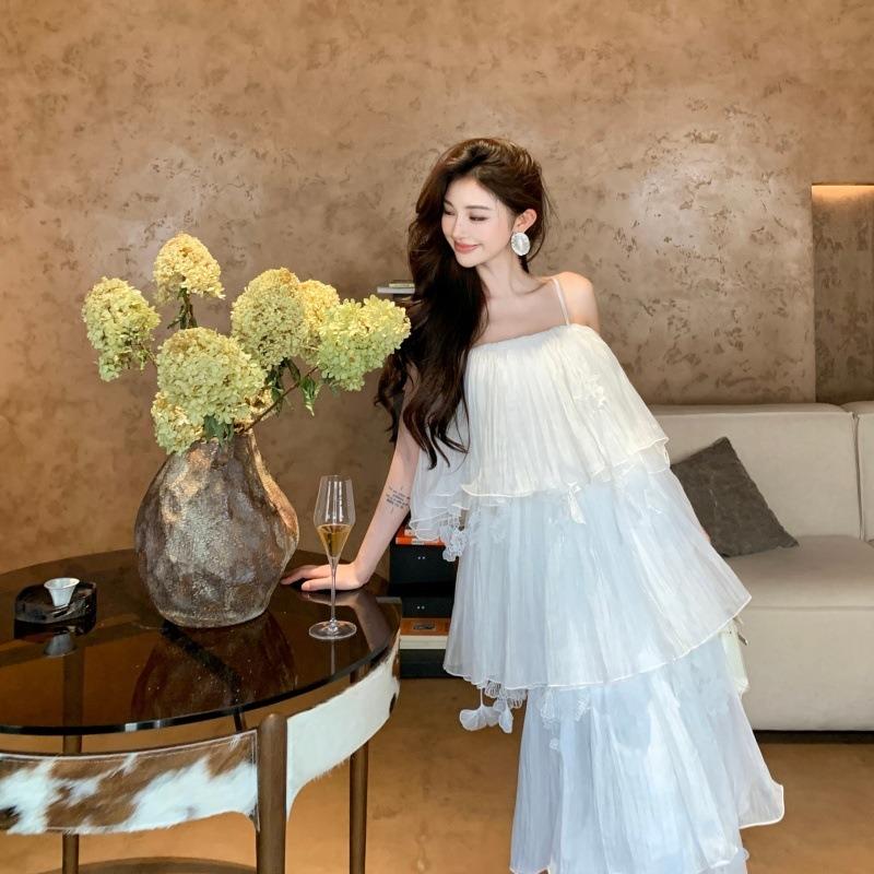 French Heavy Industry Pleated White Ruffle Edge Cake Suspender Dress Fairy Temperament Elegant Morning Robe Dress Dress Dress