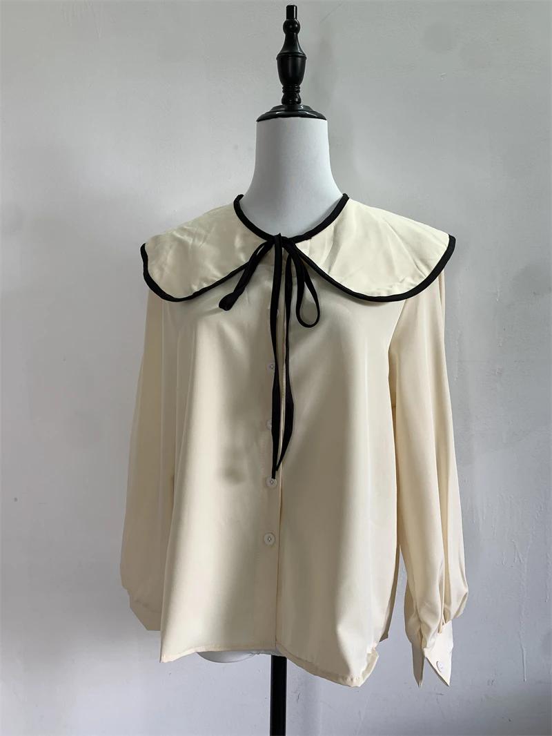 

ZAROY Летняя женская шифоновая рубашка Элегантный отложной воротник Осенняя однобортная женская блузка с длинным рукавом Милые топы Повседневная уличная одежда One Size золотой