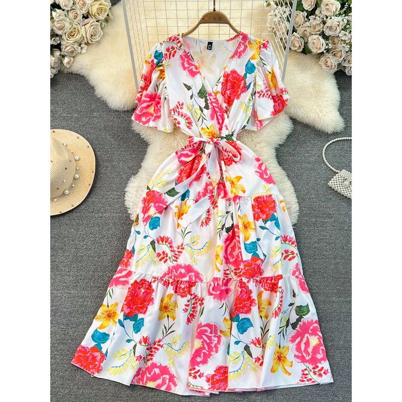 Chic South Korea Bubble V Neck A- line Dress Short Sleeve